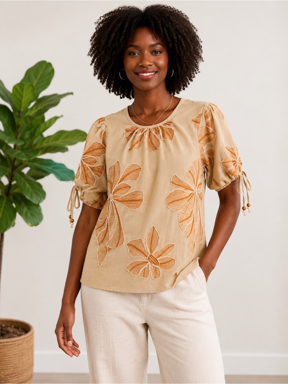 Badgley Mischka Puff-Sleeve‎ Linen-Blend Blouse XL New
